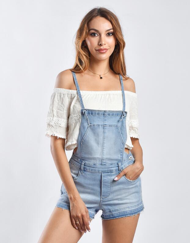 SZ60208 High Waisted Solid Denim Romper Shorts in Light Blue